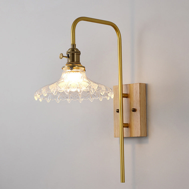 Applique murale contemporaine nordique en bois de caoutchouc et verre avec 1 lumière pour chambre 