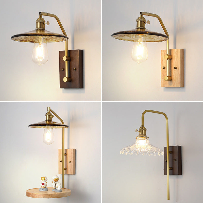 Contemporary Nordic Flying Saucer Rubberwood Iron Glass 1-Light Wall Sconce Lamp For Bedroom