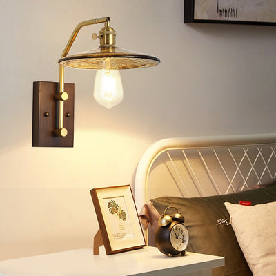 Contemporary Nordic Flying Saucer Rubberwood Iron Glass 1-Light Wall Sconce Lamp For Bedroom