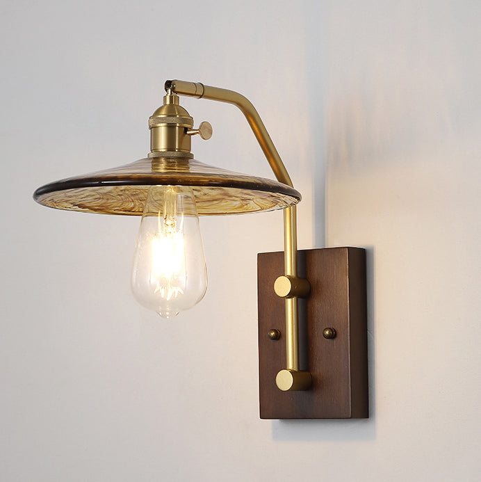 Contemporary Nordic Flying Saucer Rubberwood Iron Glass 1-Light Wall Sconce Lamp For Bedroom