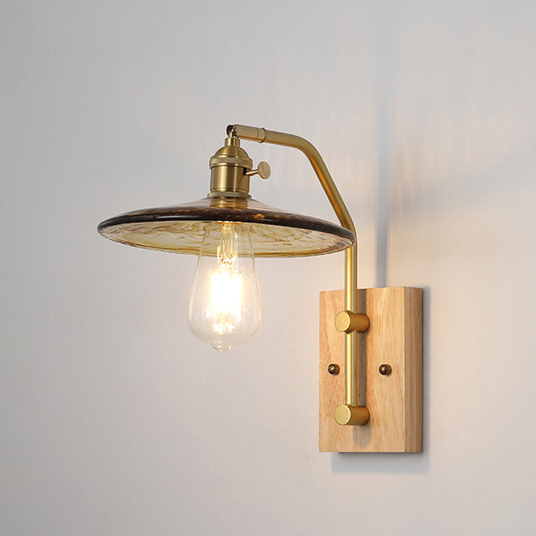 Contemporary Nordic Flying Saucer Rubberwood Iron Glass 1-Light Wall Sconce Lamp For Bedroom