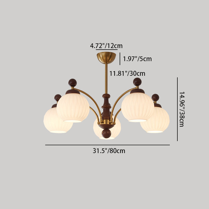 Traditional French Globe Iron Wood Glass 3/5 Light Chandelier For Living Room