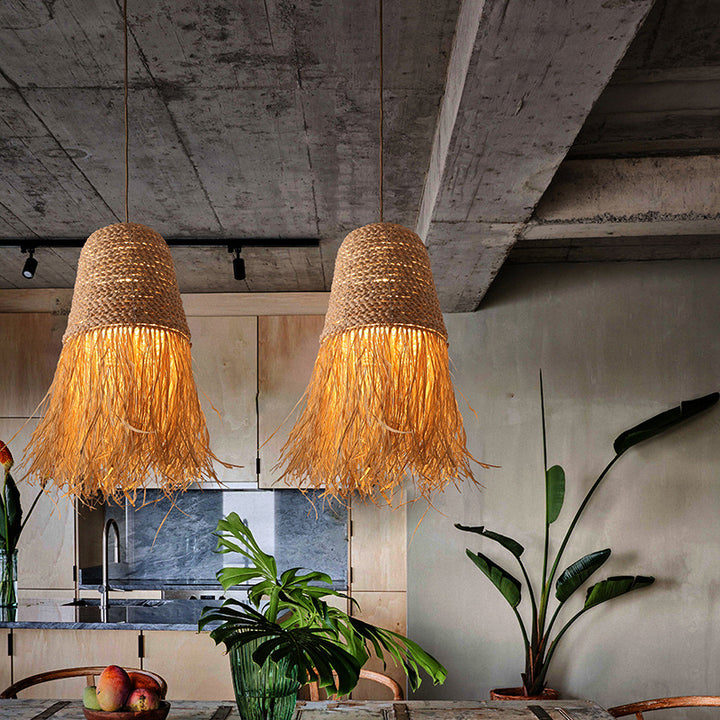 Traditionelle japanische Kuppel Gras Seil Raffia 1-Licht Pendelleuchte für Schlafzimmer 