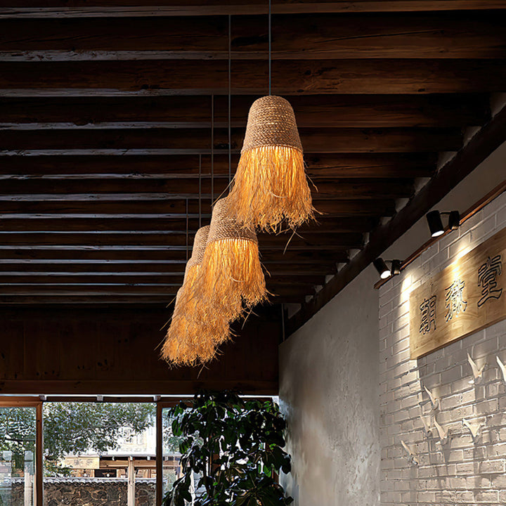 Traditionelle japanische Kuppel Gras Seil Raffia 1-Licht Pendelleuchte für Schlafzimmer 