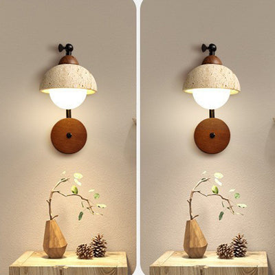 Traditional Japanese Dome Natural Yellow Travertine Solid Wood 1-Light Wall Sconce Lamp For Bedroom