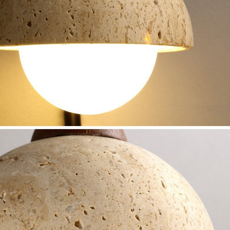 Traditional Japanese Dome Natural Yellow Travertine Solid Wood 1-Light Wall Sconce Lamp For Bedroom