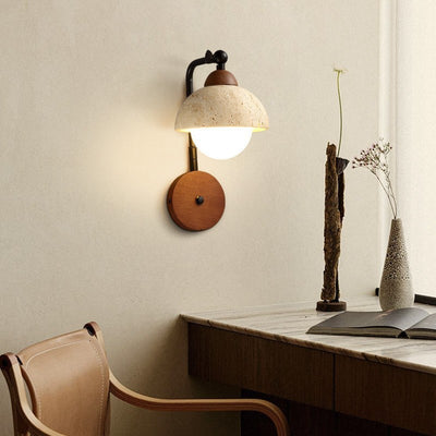 Traditional Japanese Dome Natural Yellow Travertine Solid Wood 1-Light Wall Sconce Lamp For Bedroom