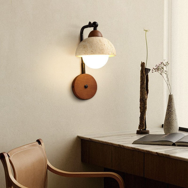 Traditional Japanese Dome Natural Yellow Travertine Solid Wood 1-Light Wall Sconce Lamp For Bedroom