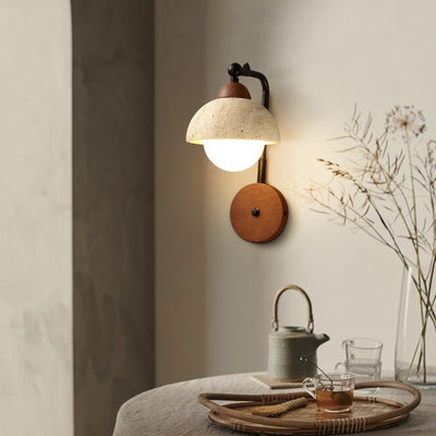 Traditional Japanese Dome Natural Yellow Travertine Solid Wood 1-Light Wall Sconce Lamp For Bedroom