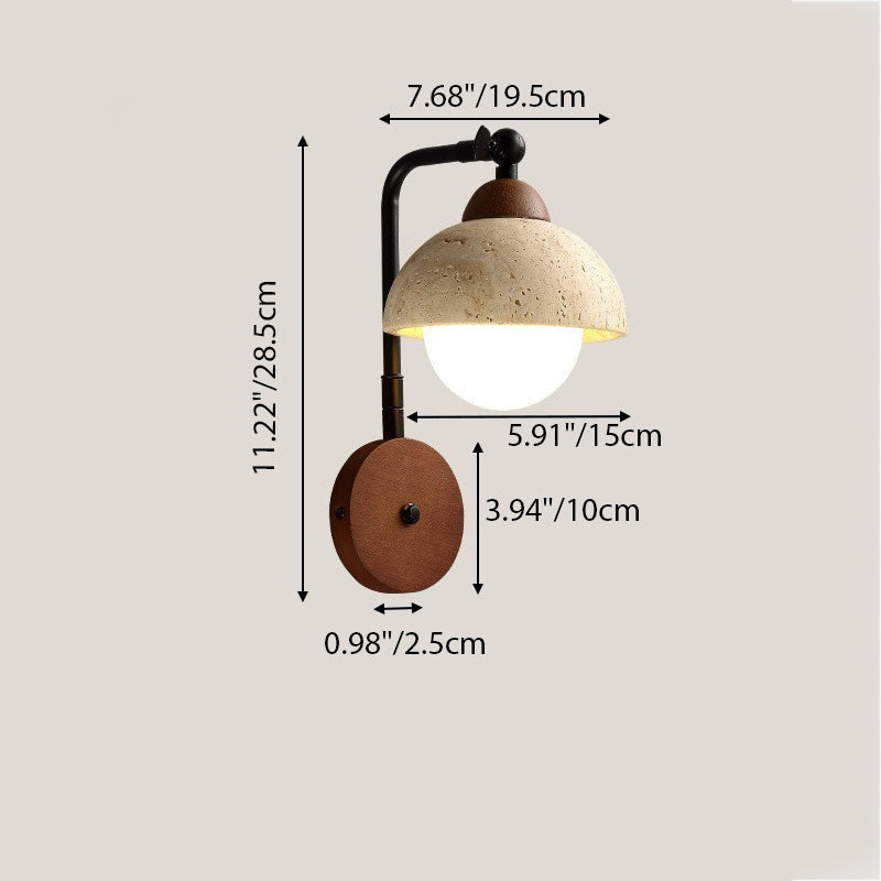 Traditional Japanese Dome Natural Yellow Travertine Solid Wood 1-Light Wall Sconce Lamp For Bedroom