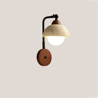 Traditional Japanese Dome Natural Yellow Travertine Solid Wood 1-Light Wall Sconce Lamp For Bedroom