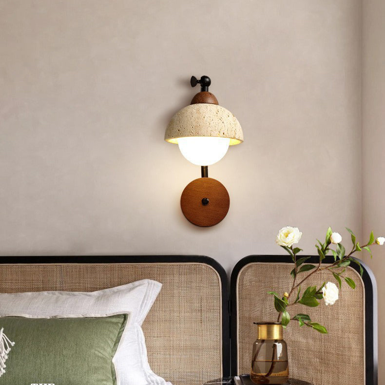 Traditional Japanese Dome Natural Yellow Travertine Solid Wood 1-Light Wall Sconce Lamp For Bedroom