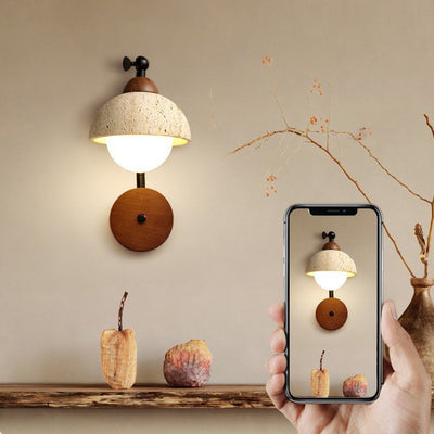 Traditional Japanese Dome Natural Yellow Travertine Solid Wood 1-Light Wall Sconce Lamp For Bedroom