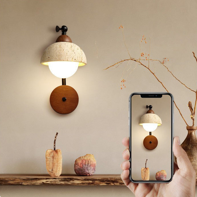 Traditional Japanese Dome Natural Yellow Travertine Solid Wood 1-Light Wall Sconce Lamp For Bedroom