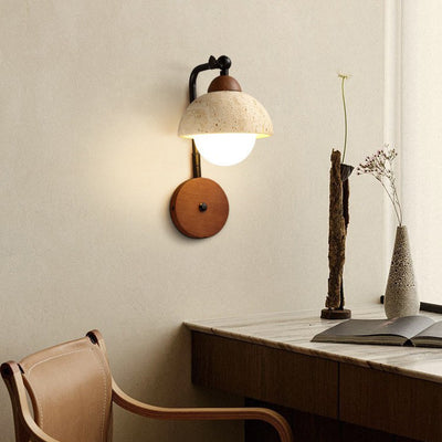 Traditional Japanese Dome Natural Yellow Travertine Solid Wood 1-Light Wall Sconce Lamp For Bedroom
