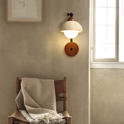 Traditional Japanese Dome Natural Yellow Travertine Solid Wood 1-Light Wall Sconce Lamp For Bedroom
