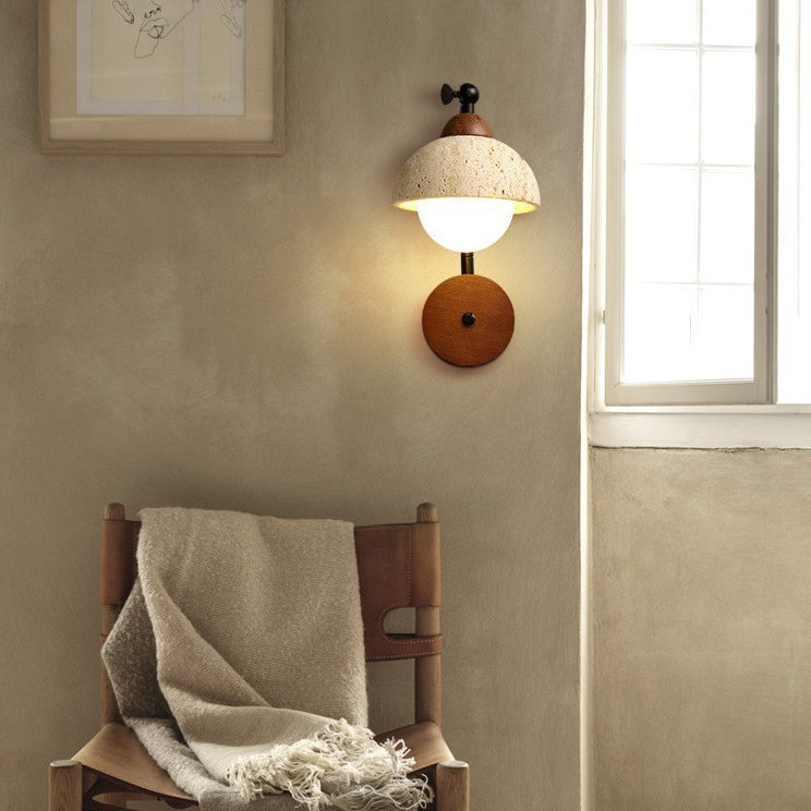 Traditional Japanese Dome Natural Yellow Travertine Solid Wood 1-Light Wall Sconce Lamp For Bedroom