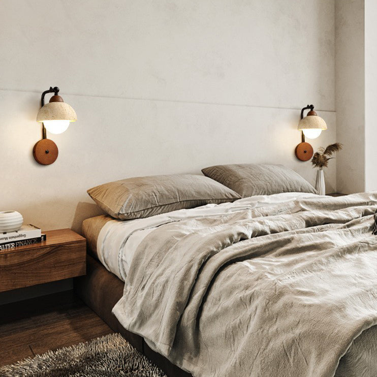 Traditional Japanese Dome Natural Yellow Travertine Solid Wood 1-Light Wall Sconce Lamp For Bedroom