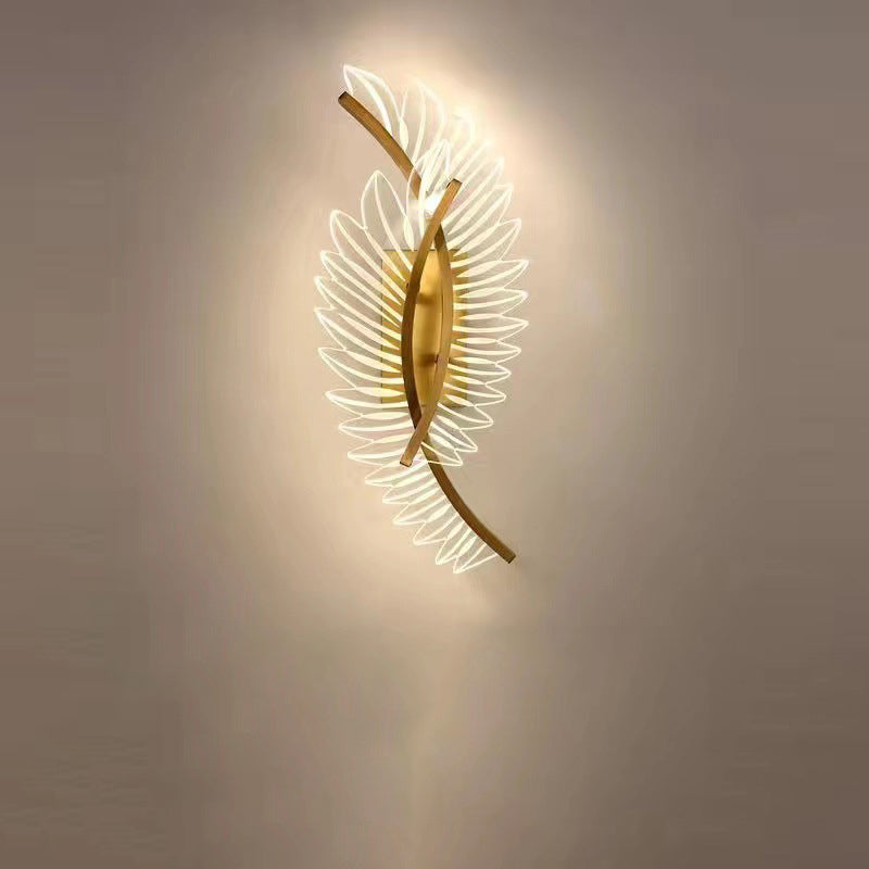 Zeitgenössische skandinavische Wandlampe aus gebogenem Eisen und Acryl mit LED und Kokosnussblatt für das Schlafzimmer 
