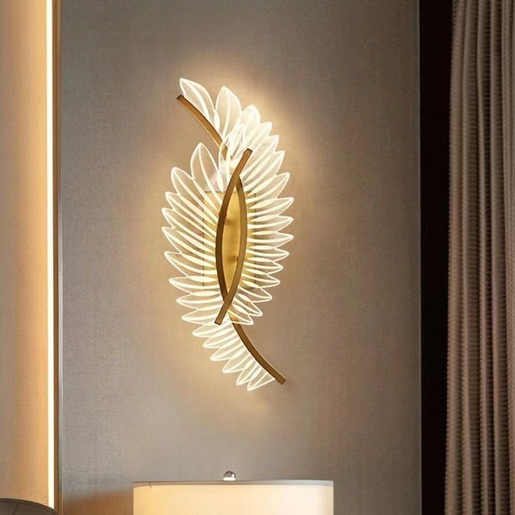 Zeitgenössische skandinavische Wandlampe aus gebogenem Eisen und Acryl mit LED und Kokosnussblatt für das Schlafzimmer 