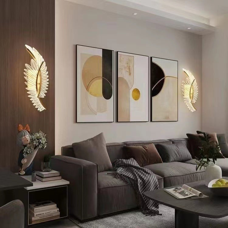 Zeitgenössische skandinavische Wandlampe aus gebogenem Eisen und Acryl mit LED und Kokosnussblatt für das Schlafzimmer 