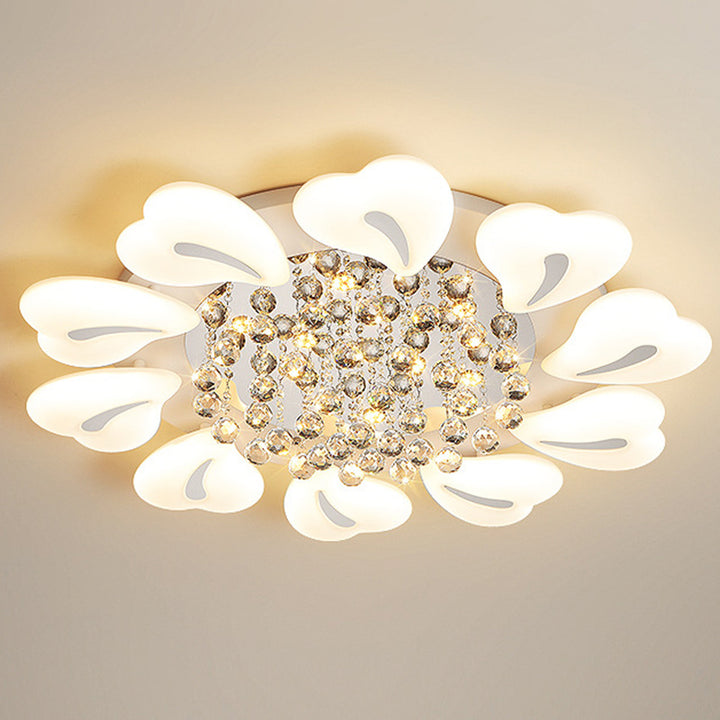 Modern Luxury Flower Petal Heart Iron Acrylic Crystal Ball LED Semi-Flush Mount Ceiling Light For Living Room