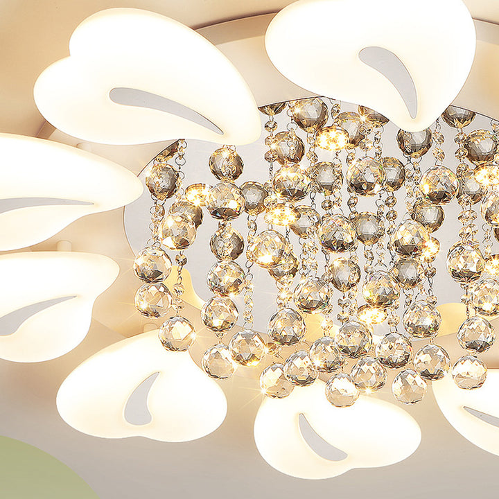 Modern Luxury Flower Petal Heart Iron Acrylic Crystal Ball LED Semi-Flush Mount Ceiling Light For Living Room