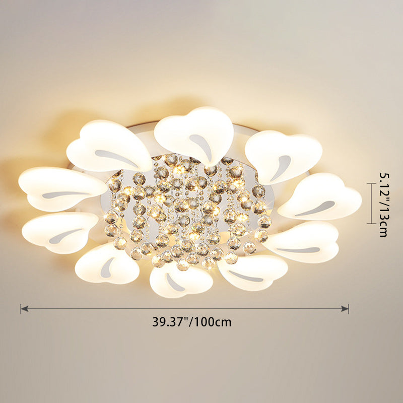 Plafonnier LED semi-encastré moderne en fer avec pétales de fleurs de luxe, cœur, boule en cristal acrylique pour salon 