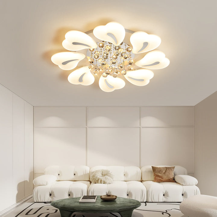 Moderne Luxus Blütenblatt Herz Eisen Acryl Kristallkugel LED Semi-Flush Mount Deckenleuchte für Wohnzimmer 