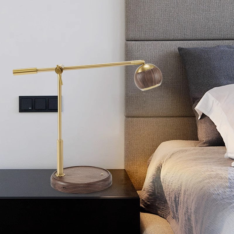 Zeitgenössische Nordic Sphere Tischlampe aus schwarzem Walnuss-Aluminium mit LED für das Schlafzimmer 