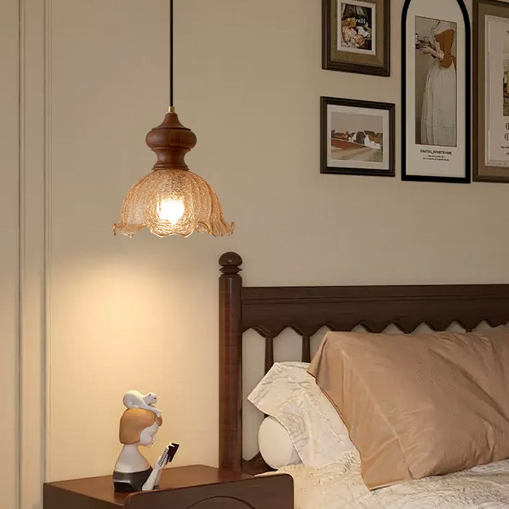Lámpara Colgante de Vidrio y Nogal de Estilo Vintage Tradicional con 1 Luz para Dormitorio 