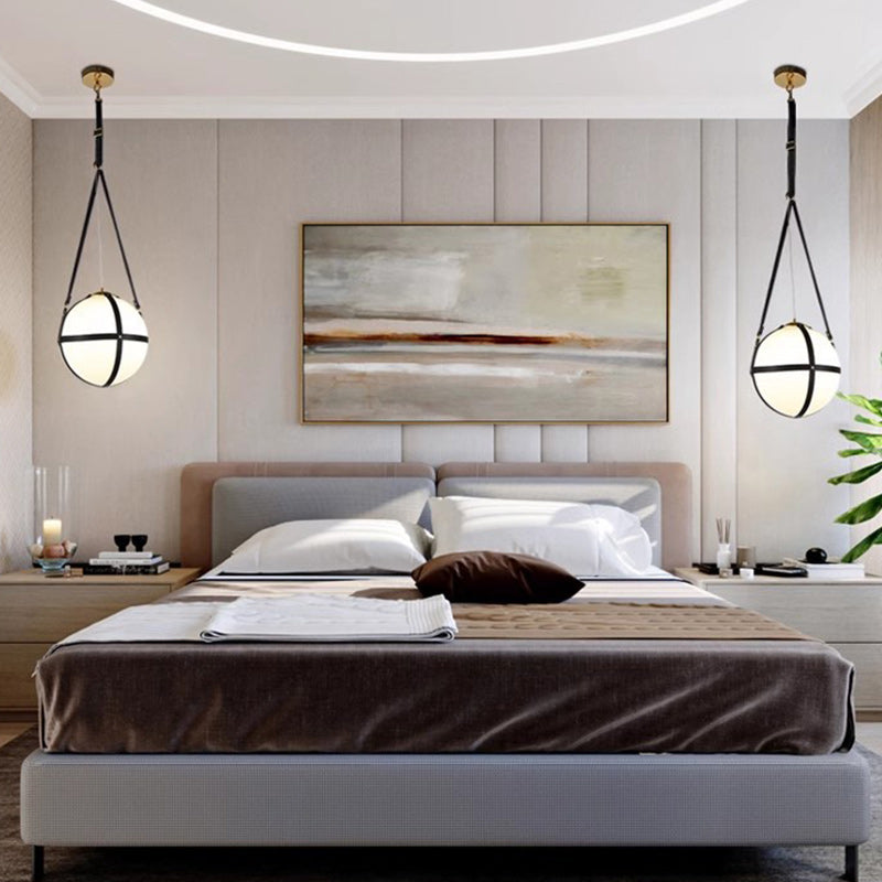 Lámpara colgante de 1 luz de hierro y cuero con globo minimalista moderno para dormitorio 