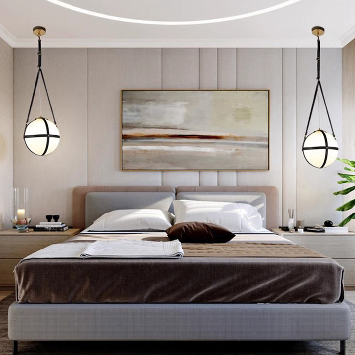 Lámpara colgante de 1 luz de hierro y cuero con globo minimalista moderno para dormitorio 