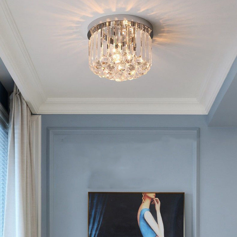 Cylindre de luxe moderne en acier inoxydable avec cristal, plafonnier semi-encastré à 1 lumière pour salon 
