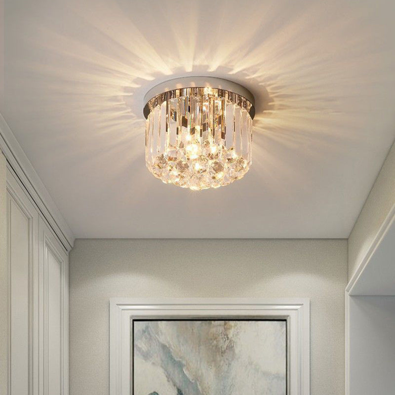 Cylindre de luxe moderne en acier inoxydable avec cristal, plafonnier semi-encastré à 1 lumière pour salon 