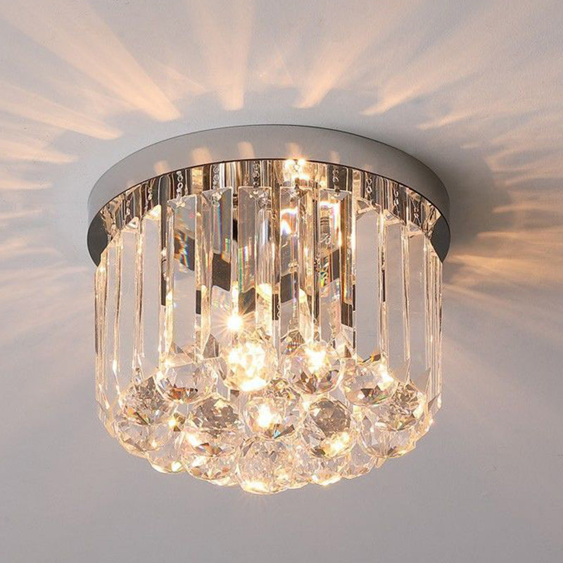 Cylindre de luxe moderne en acier inoxydable avec cristal, plafonnier semi-encastré à 1 lumière pour salon 