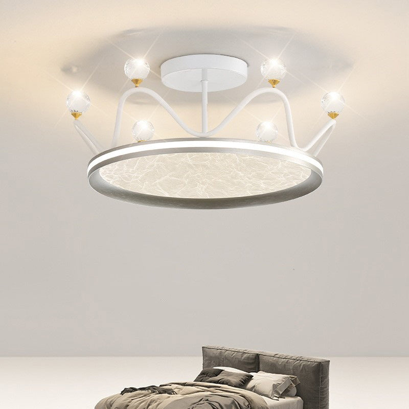 Contemporary Creative Round Crown Iron Aluminum Acrylic LED Semi-Flush Mount Ceiling Light For Bedroom