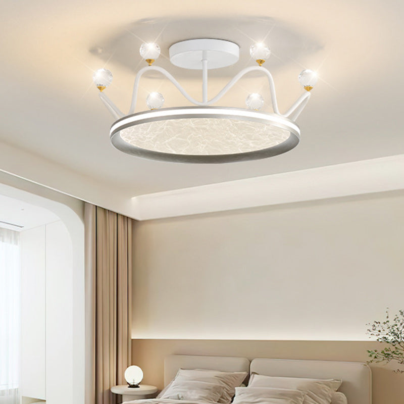 Contemporary Creative Round Crown Iron Aluminum Acrylic LED Semi-Flush Mount Ceiling Light For Bedroom