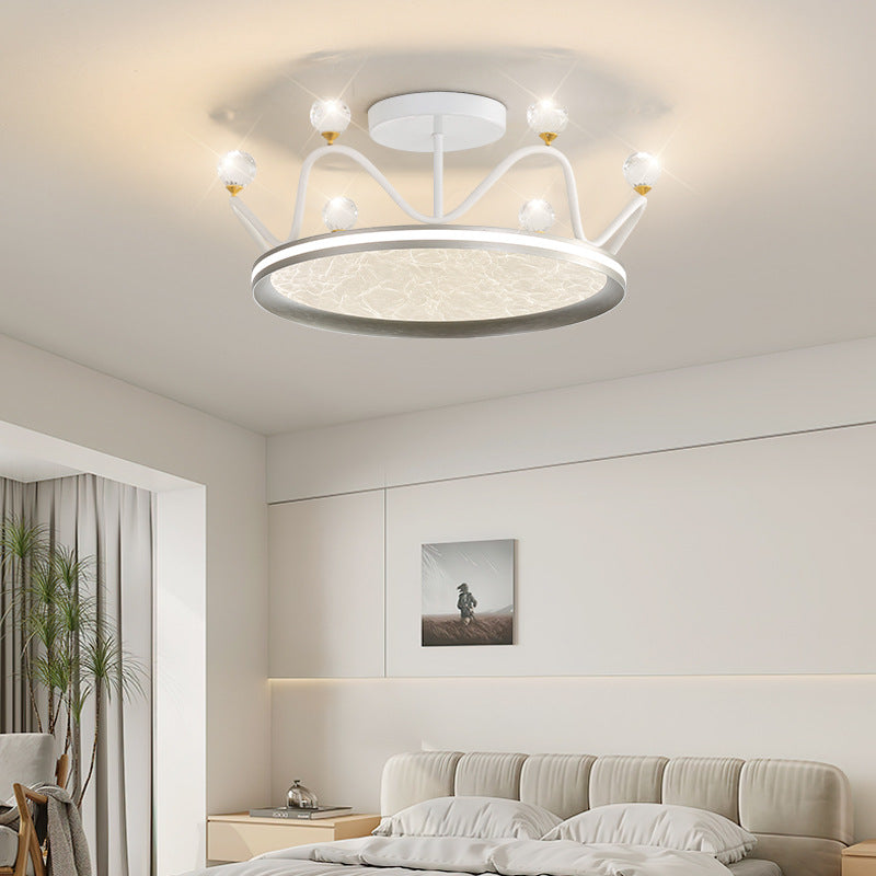 Contemporary Creative Round Crown Iron Aluminum Acrylic LED Semi-Flush Mount Ceiling Light For Bedroom
