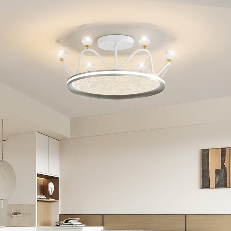 Contemporary Creative Round Crown Iron Aluminum Acrylic LED Semi-Flush Mount Ceiling Light For Bedroom