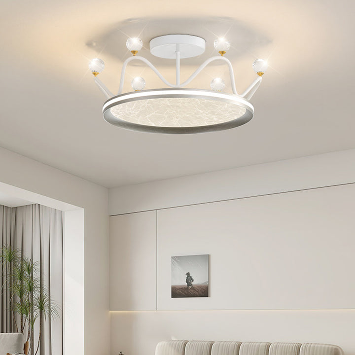 Contemporary Creative Round Crown Iron Aluminum Acrylic LED Semi-Flush Mount Ceiling Light For Bedroom