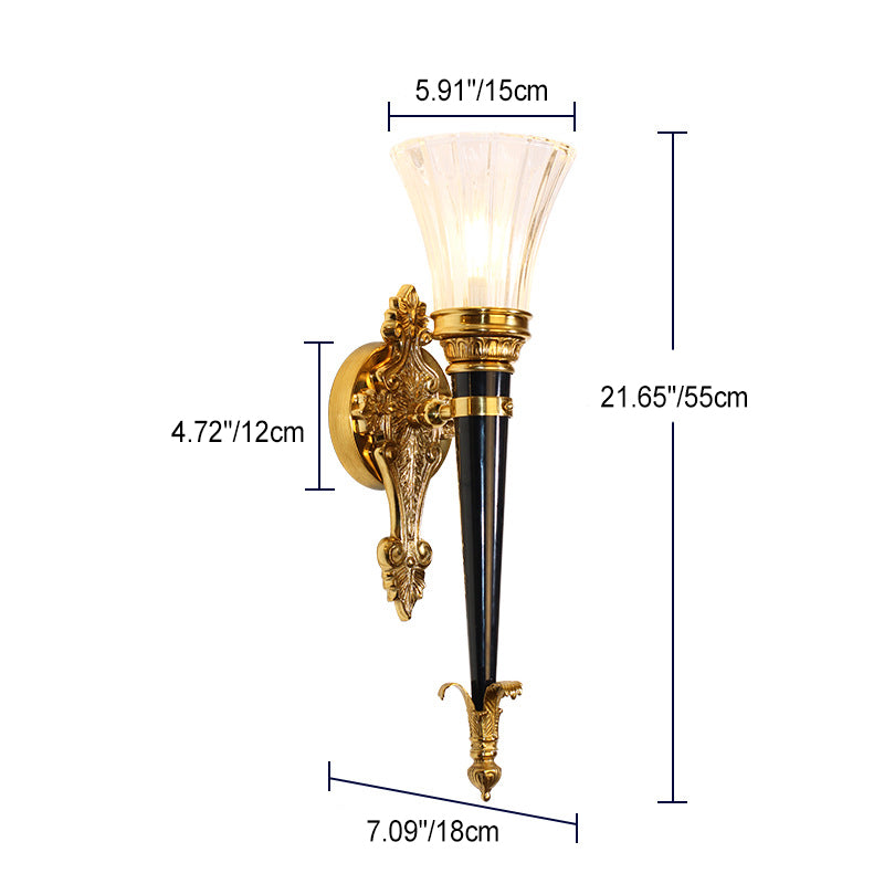 Traditionelle französische Fackelkegel-Kupfer-Glas-1-Licht-Wandleuchte für das Wohnzimmer 
