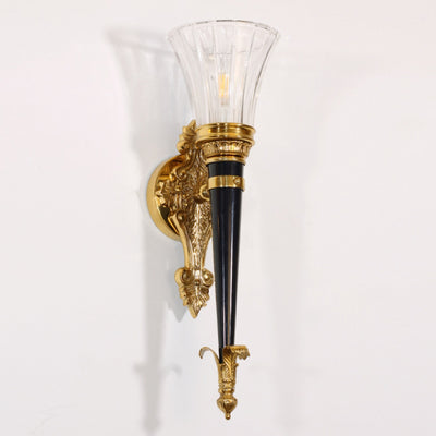 Traditionelle französische Fackelkegel-Kupfer-Glas-1-Licht-Wandleuchte für das Wohnzimmer 