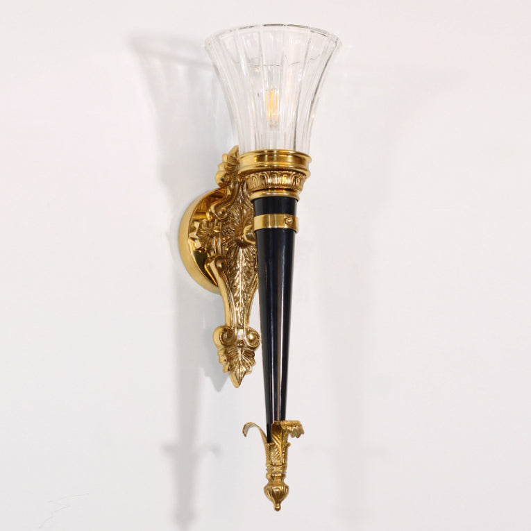 Traditionelle französische Fackelkegel-Kupfer-Glas-1-Licht-Wandleuchte für das Wohnzimmer 