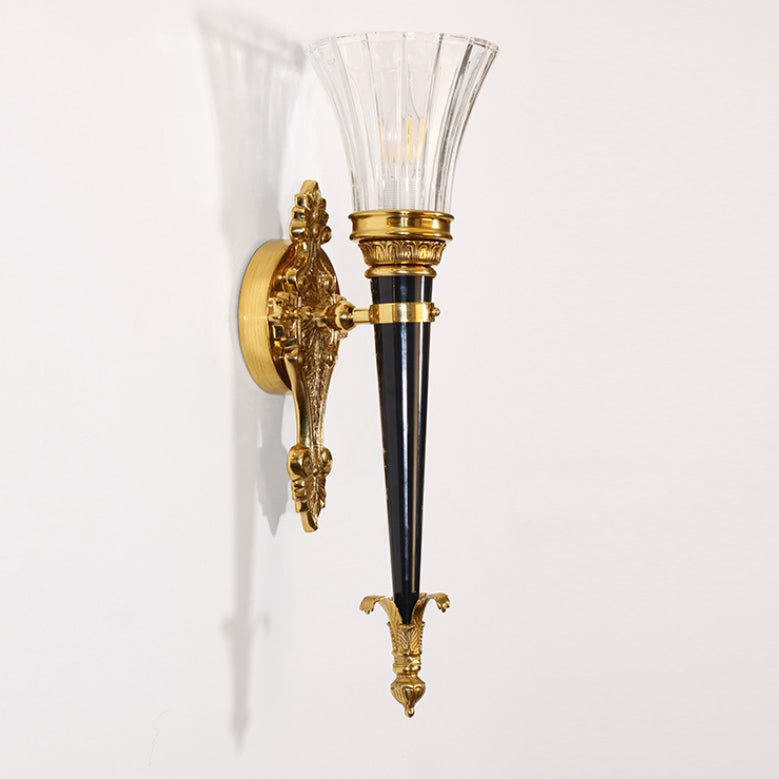 Traditionelle französische Fackelkegel-Kupfer-Glas-1-Licht-Wandleuchte für das Wohnzimmer 