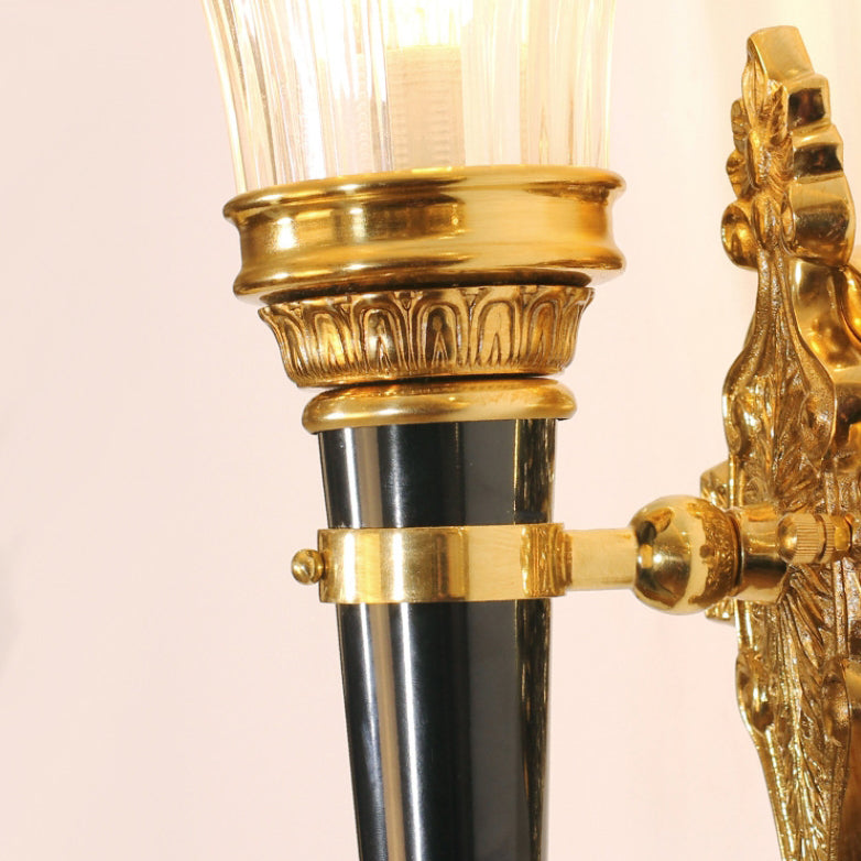 Traditionelle französische Fackelkegel-Kupfer-Glas-1-Licht-Wandleuchte für das Wohnzimmer 