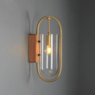 Modern Simplicity Oval Glass Metal Wood 1-Light Wall Sconce Lamp For Bedroom