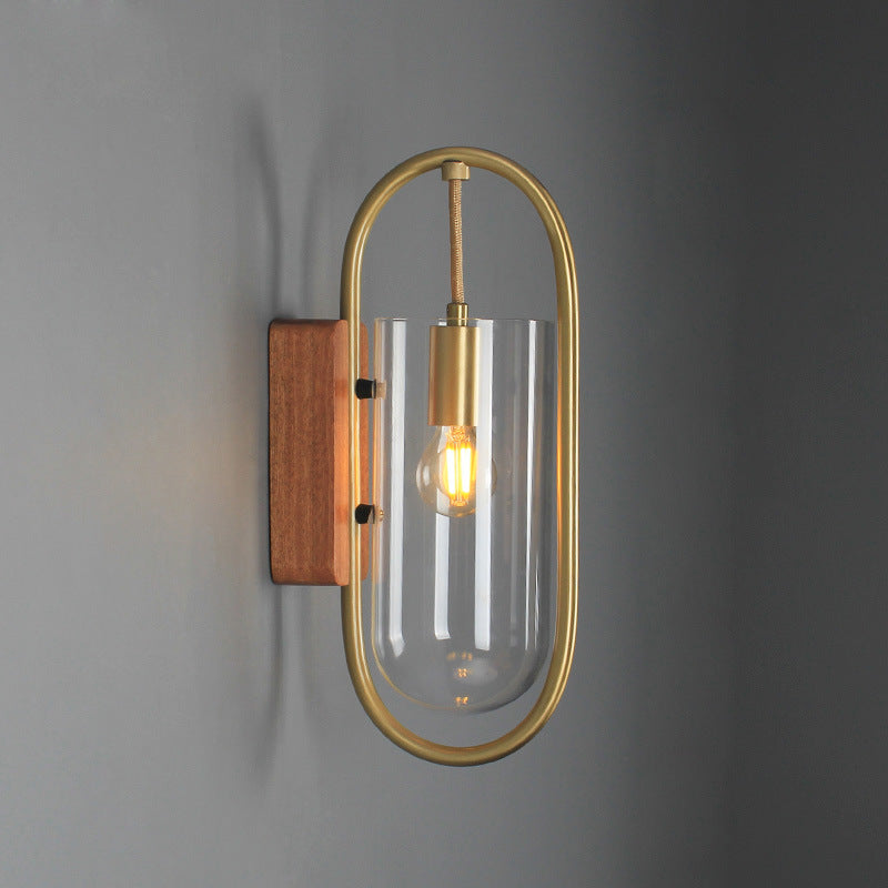 Modern Simplicity Oval Glass Metal Wood 1-Light Wall Sconce Lamp For Bedroom