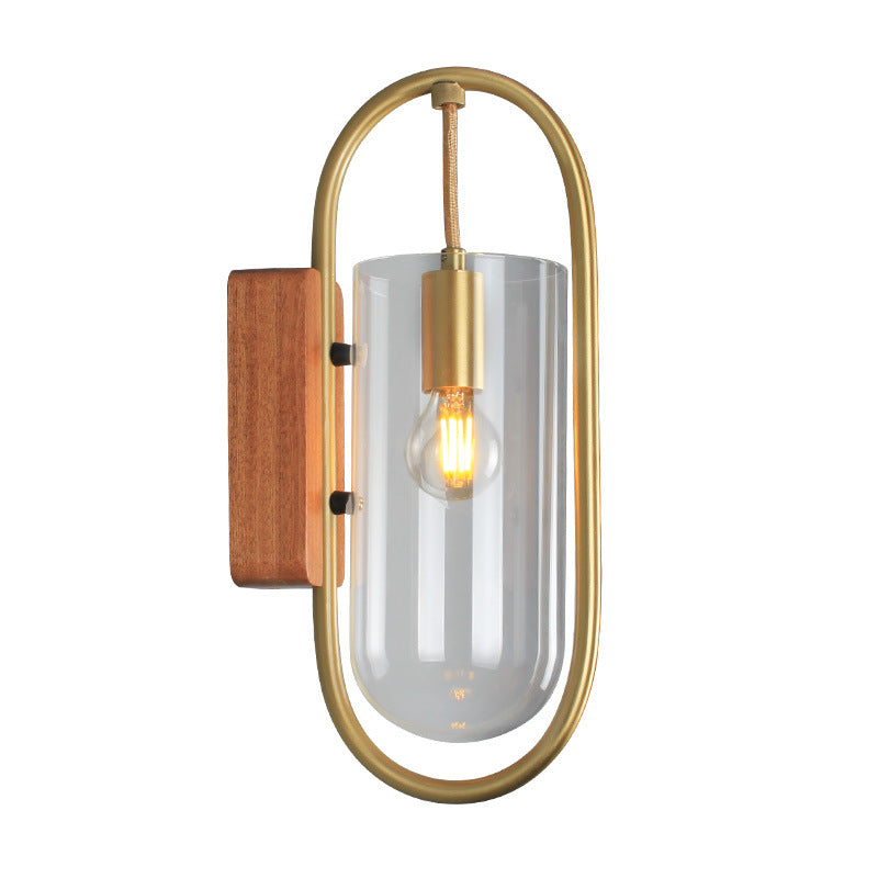 Modern Simplicity Oval Glass Metal Wood 1-Light Wall Sconce Lamp For Bedroom