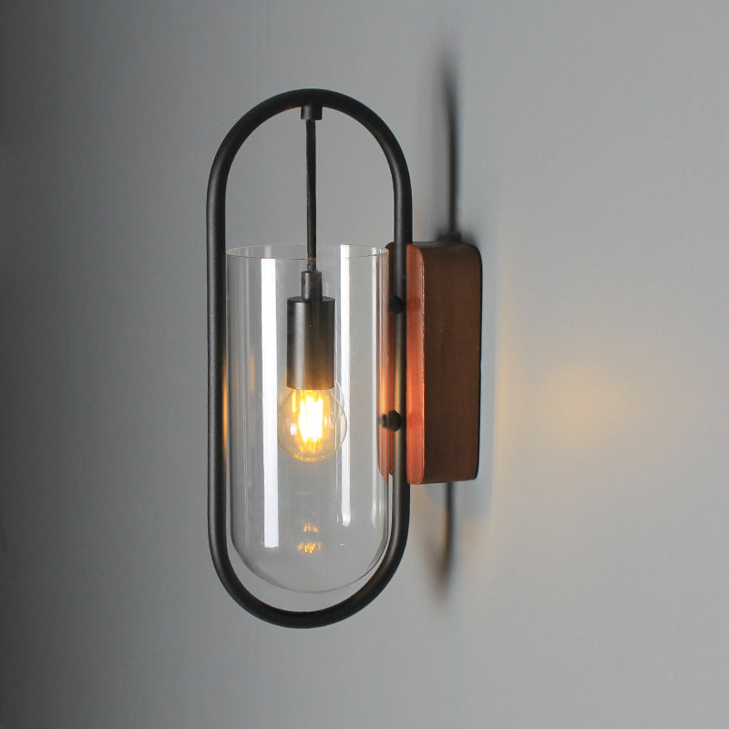 Modern Simplicity Oval Glass Metal Wood 1-Light Wall Sconce Lamp For Bedroom
